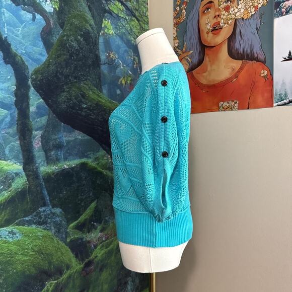 turquoise open knit batwing sweater jon & anna sheer button sleeve pullover - Picture 4 of 7